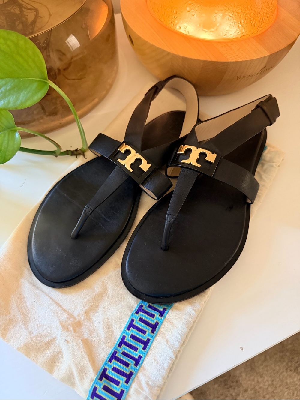 Tory Burch Black Sandals with Gold Logo Accent